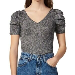 Sandro Metallic Puffed Sleeve Stretch Knit Top Silver Women Small Chic Dressy
